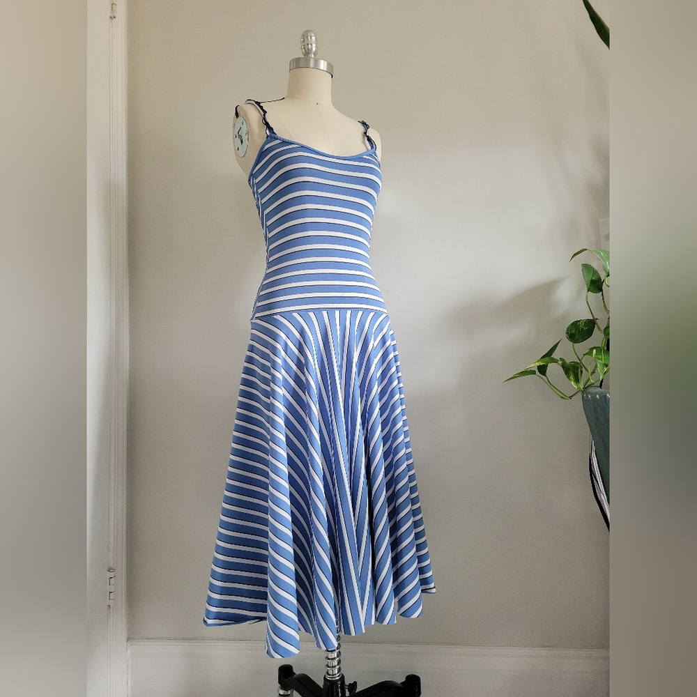 VINTAGE style summer dress in blue,white and black striped stretch fabric